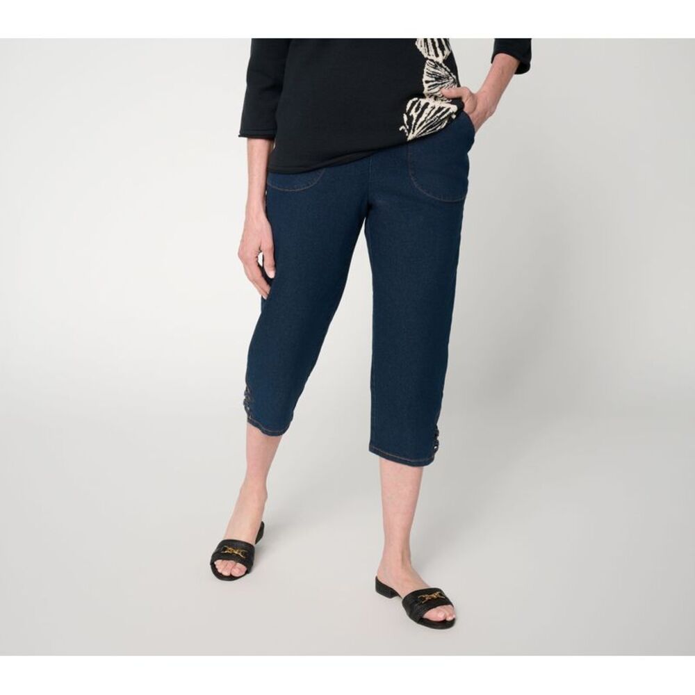 Denim & Co. Women's Petite Pants PL Indigo Flat Front Capris w Blue